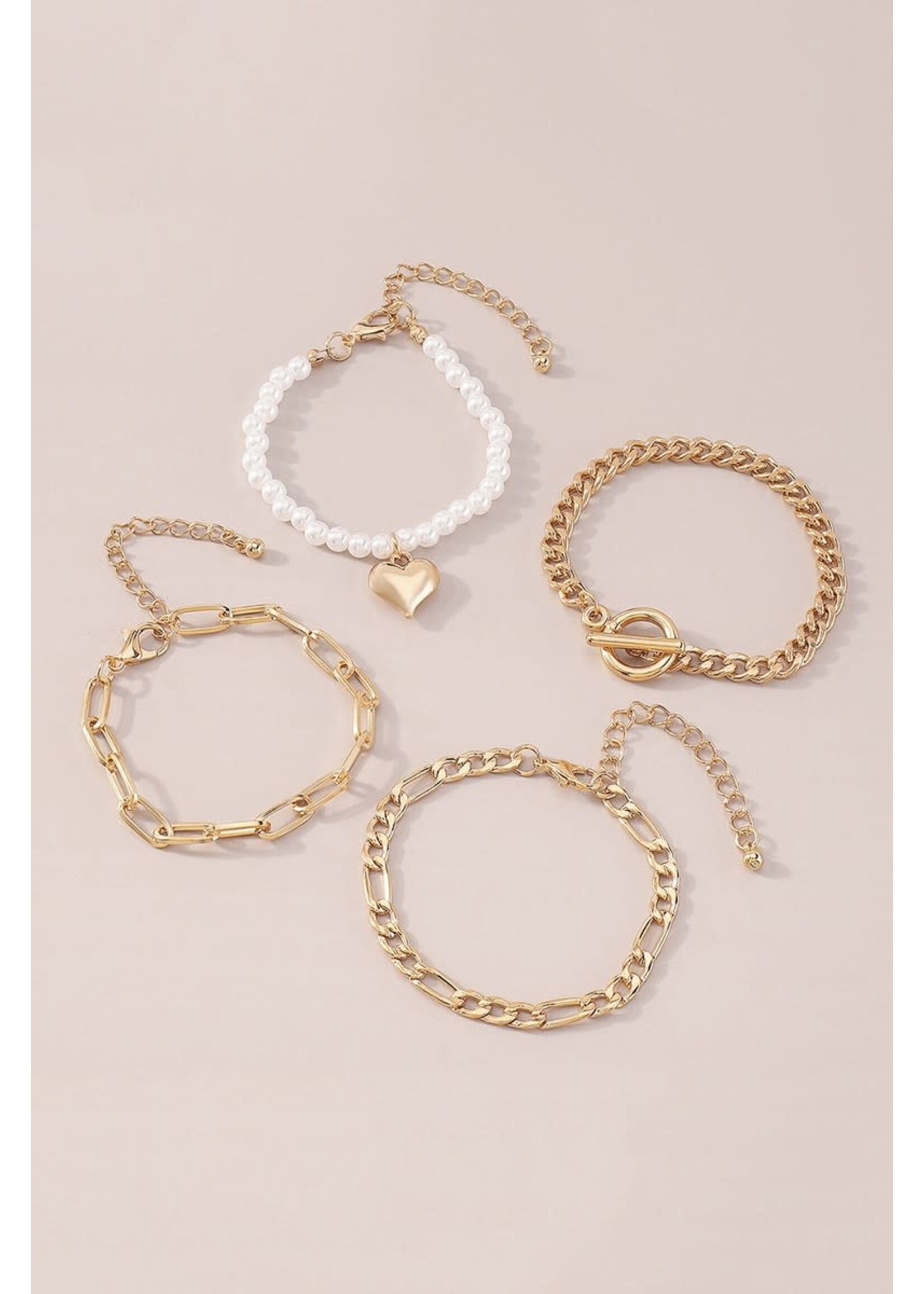 Metal Heart Pearl Chain Bracelet 4 Pc Set