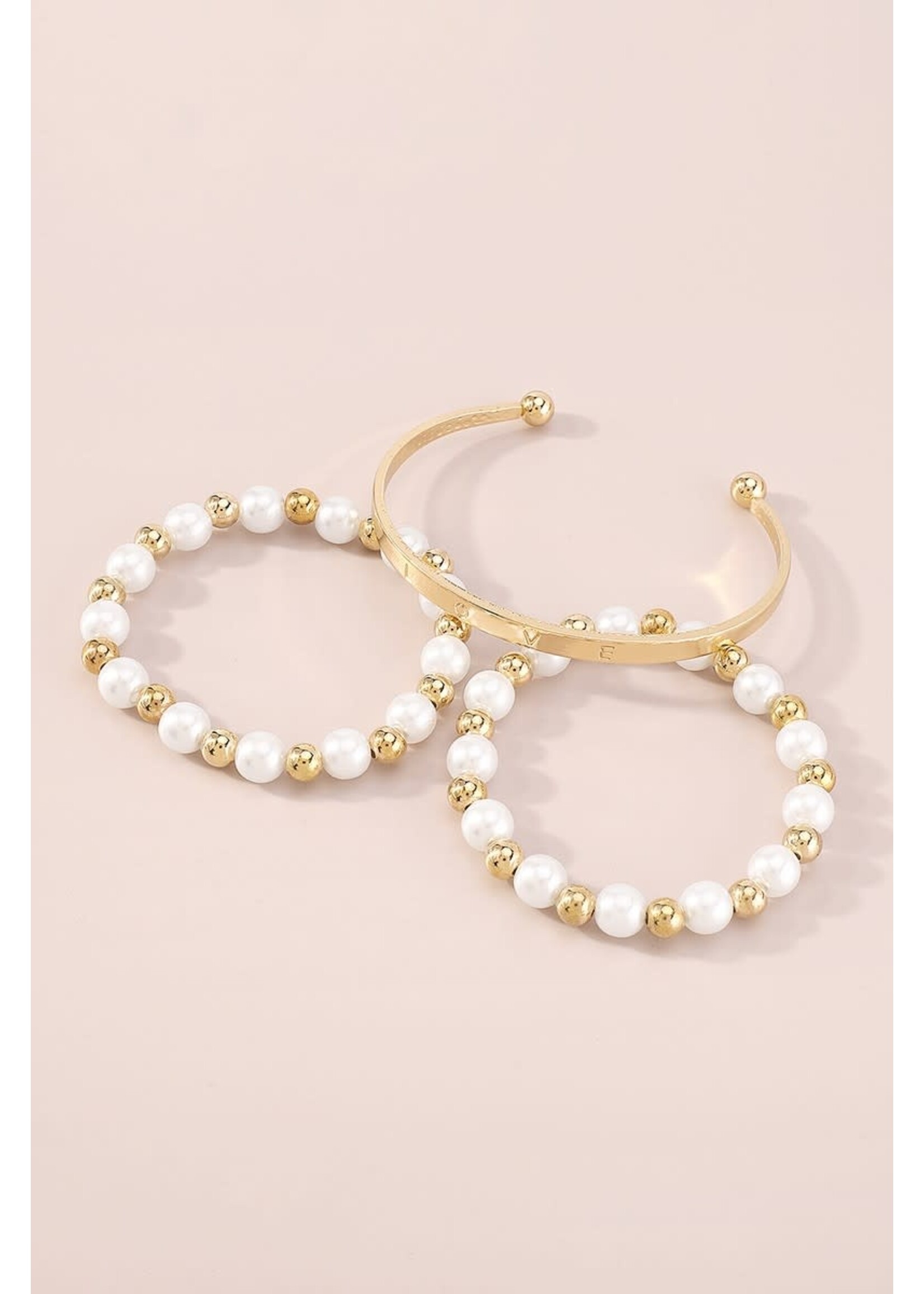 Pearl Gold Bead & Love Cuff Bracelet Set