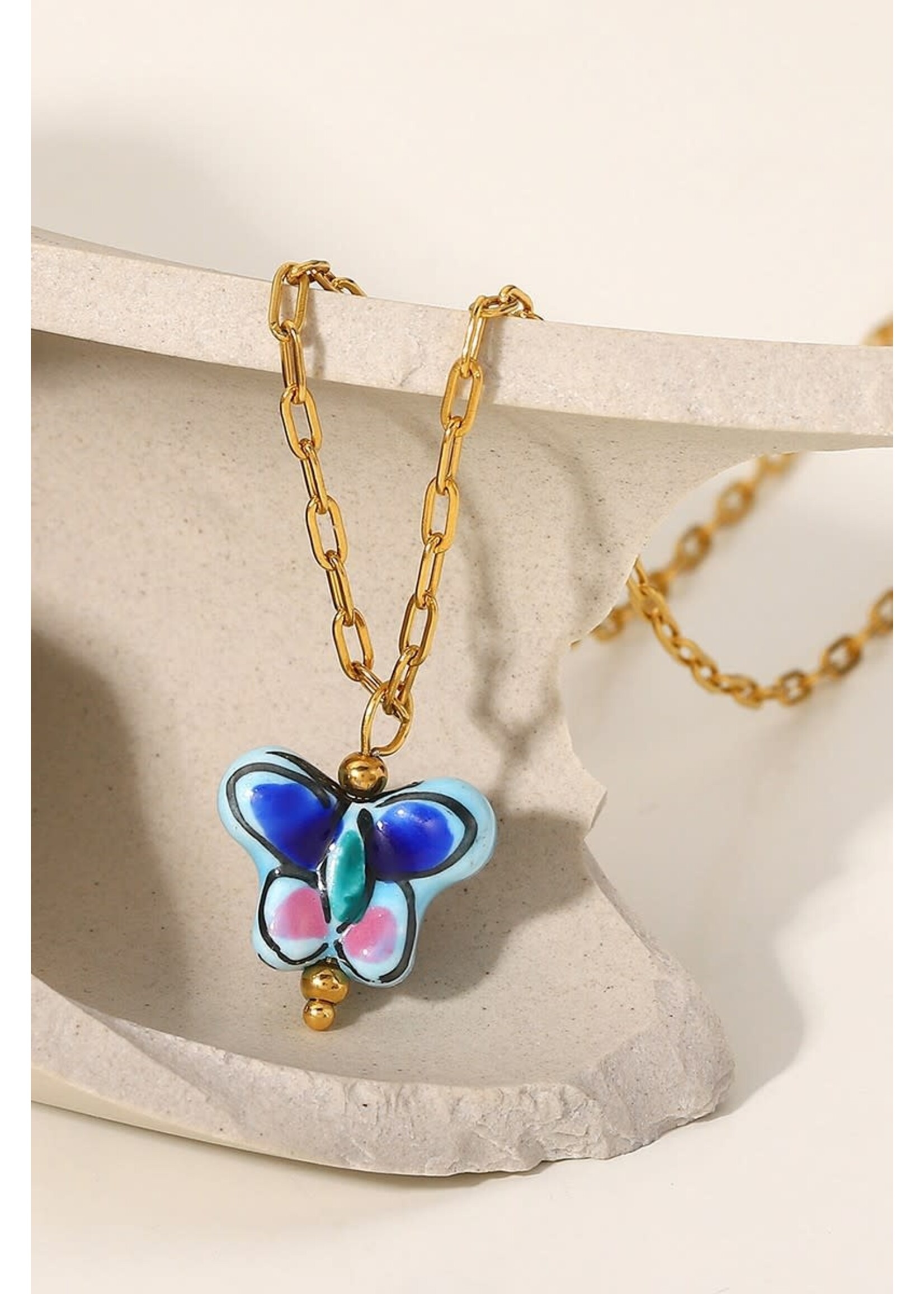 18K Gold Plated Stainless Steel Ceramic Butterfly Necklace