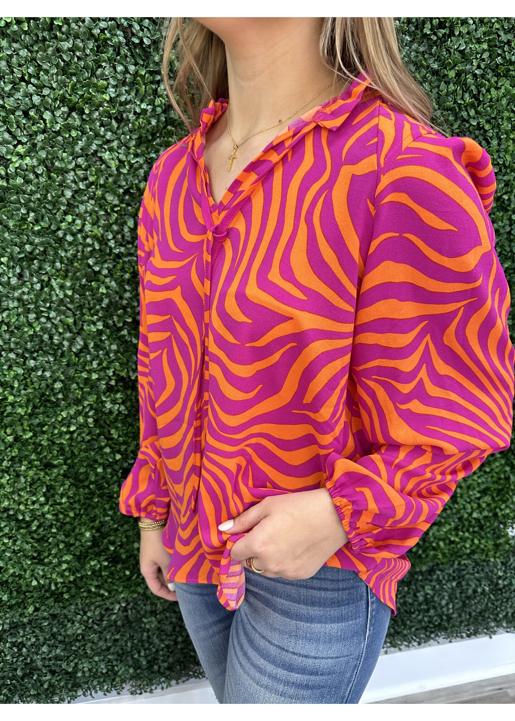 Jodifl Zebra Print Bubble Sleeve-Pink/Orange