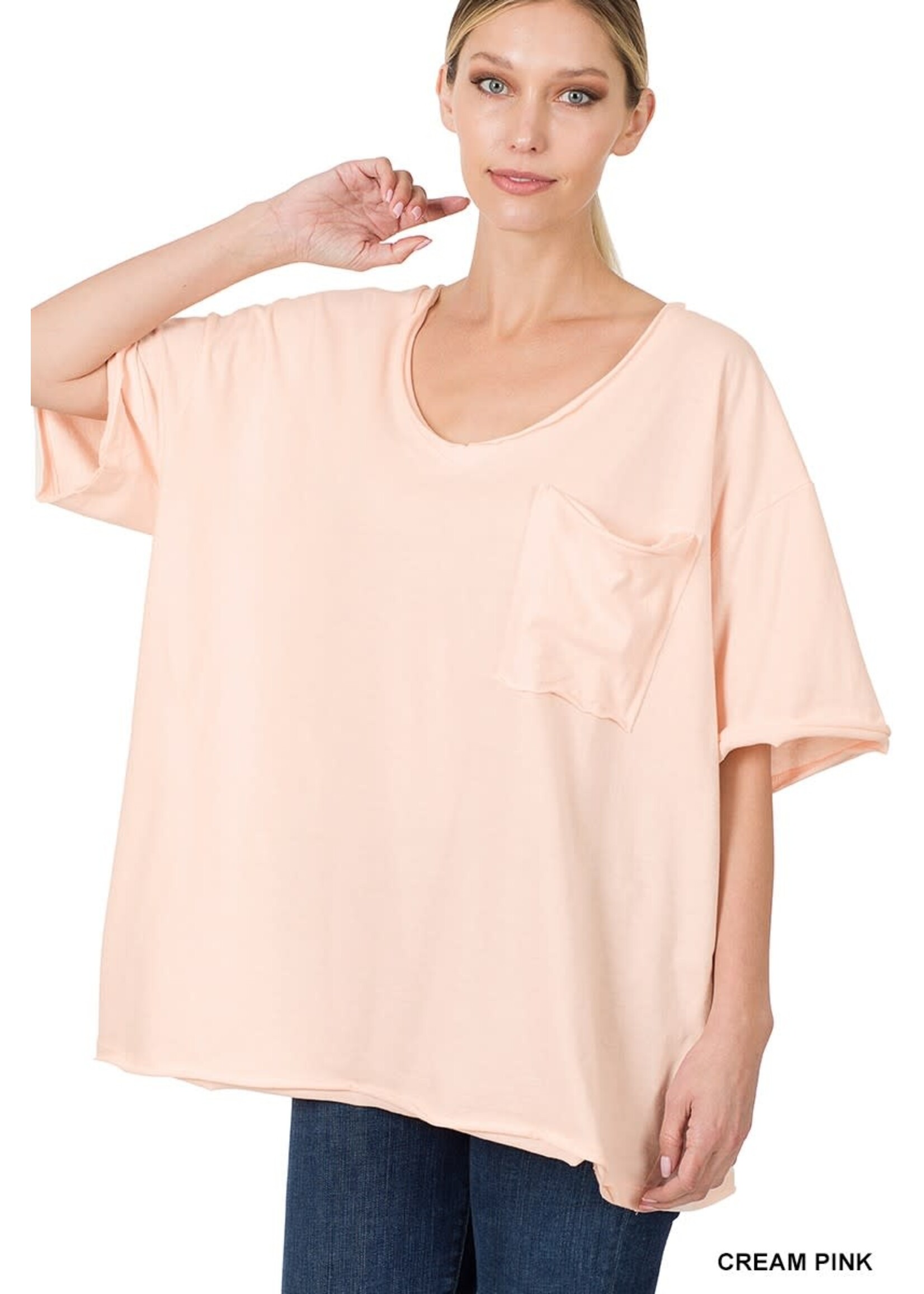 Zenana Oversized Front Pocket Raw Edge Boyfriend Tee