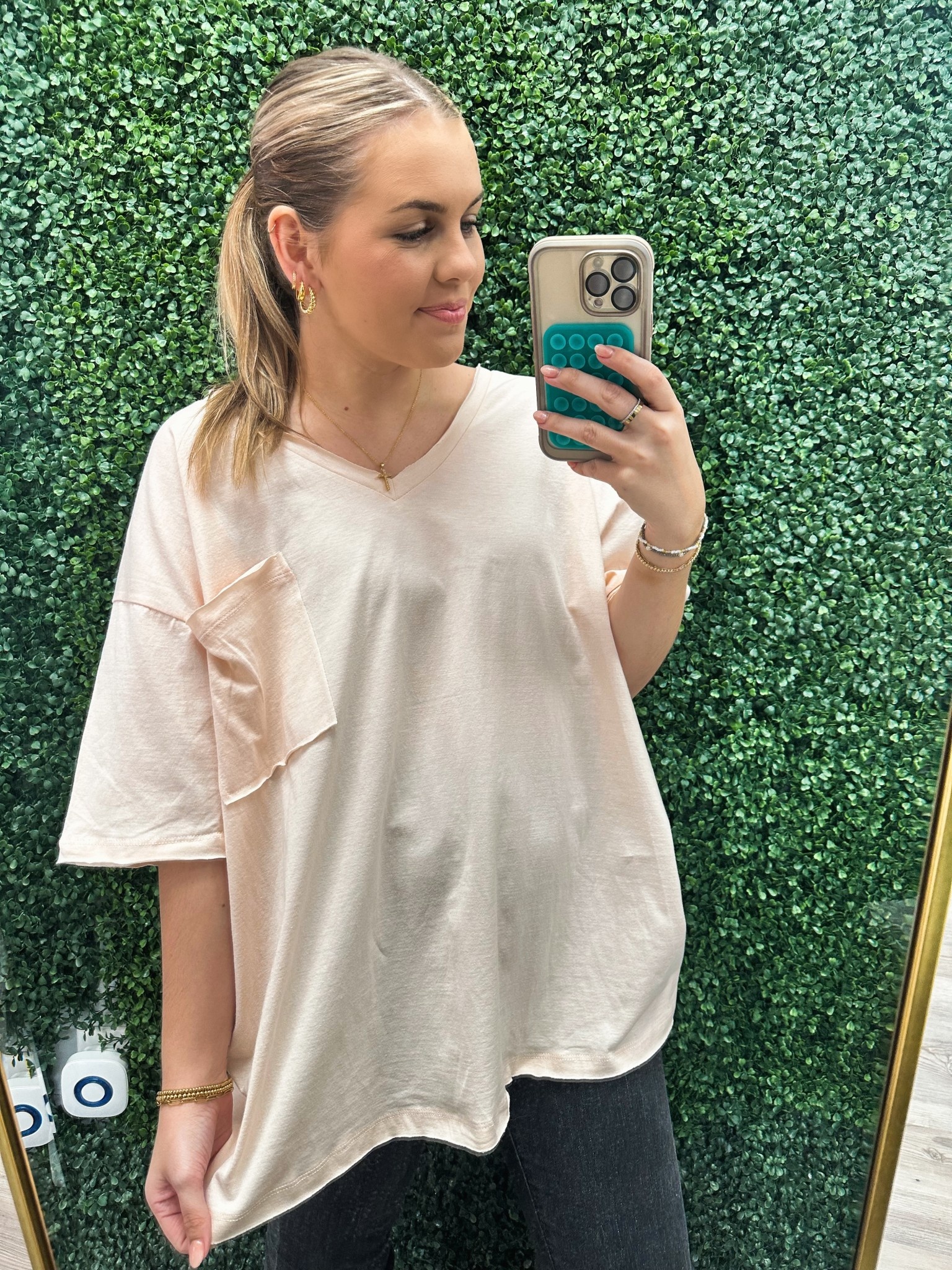 Oversized Front Pocket Raw Edge Boyfriend Tee COVINGTON CHARM