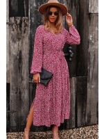 Floral Long Sleeve Midi Dress-Red