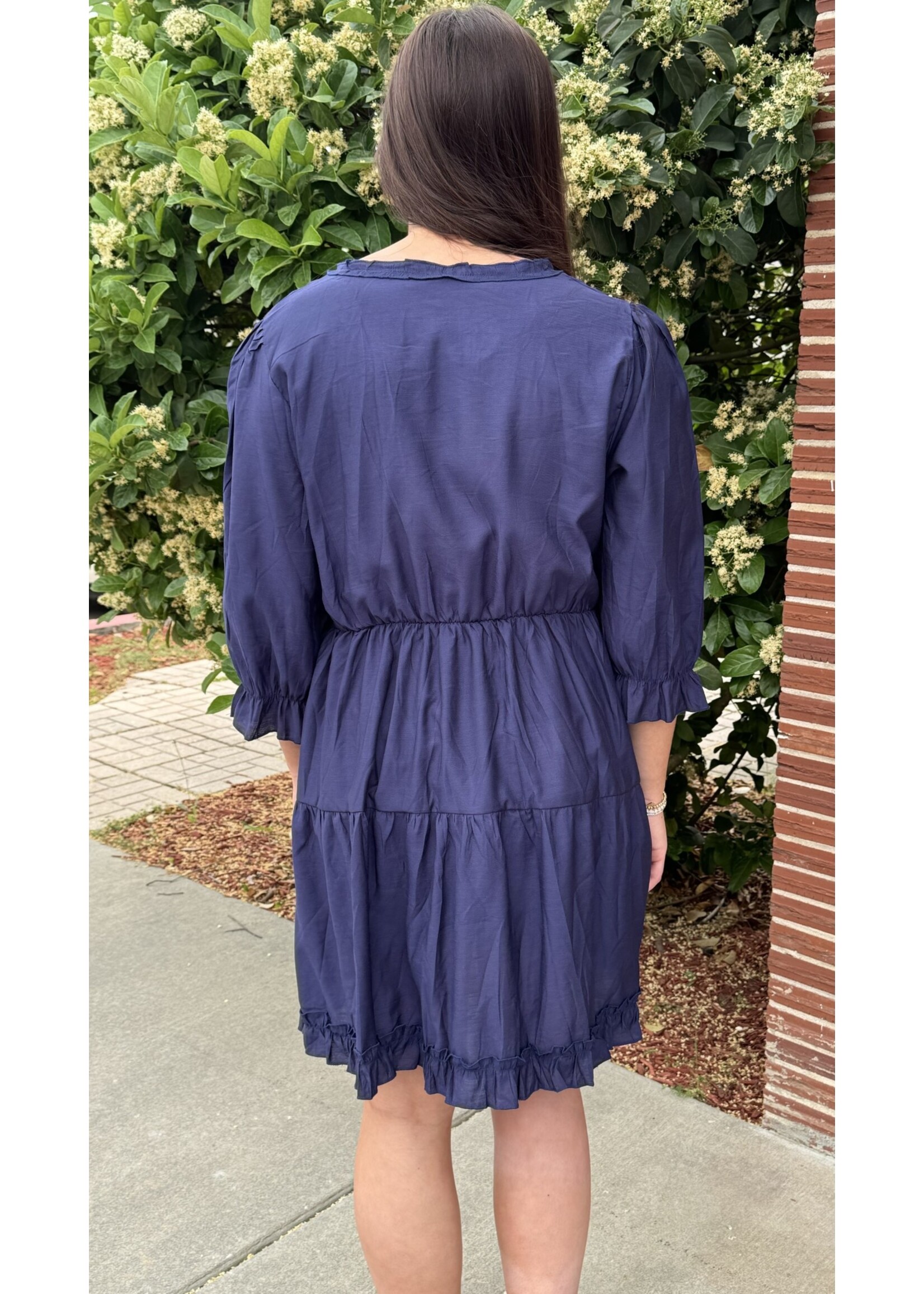 Solid Ruffle Loose Fit Dress-Navy