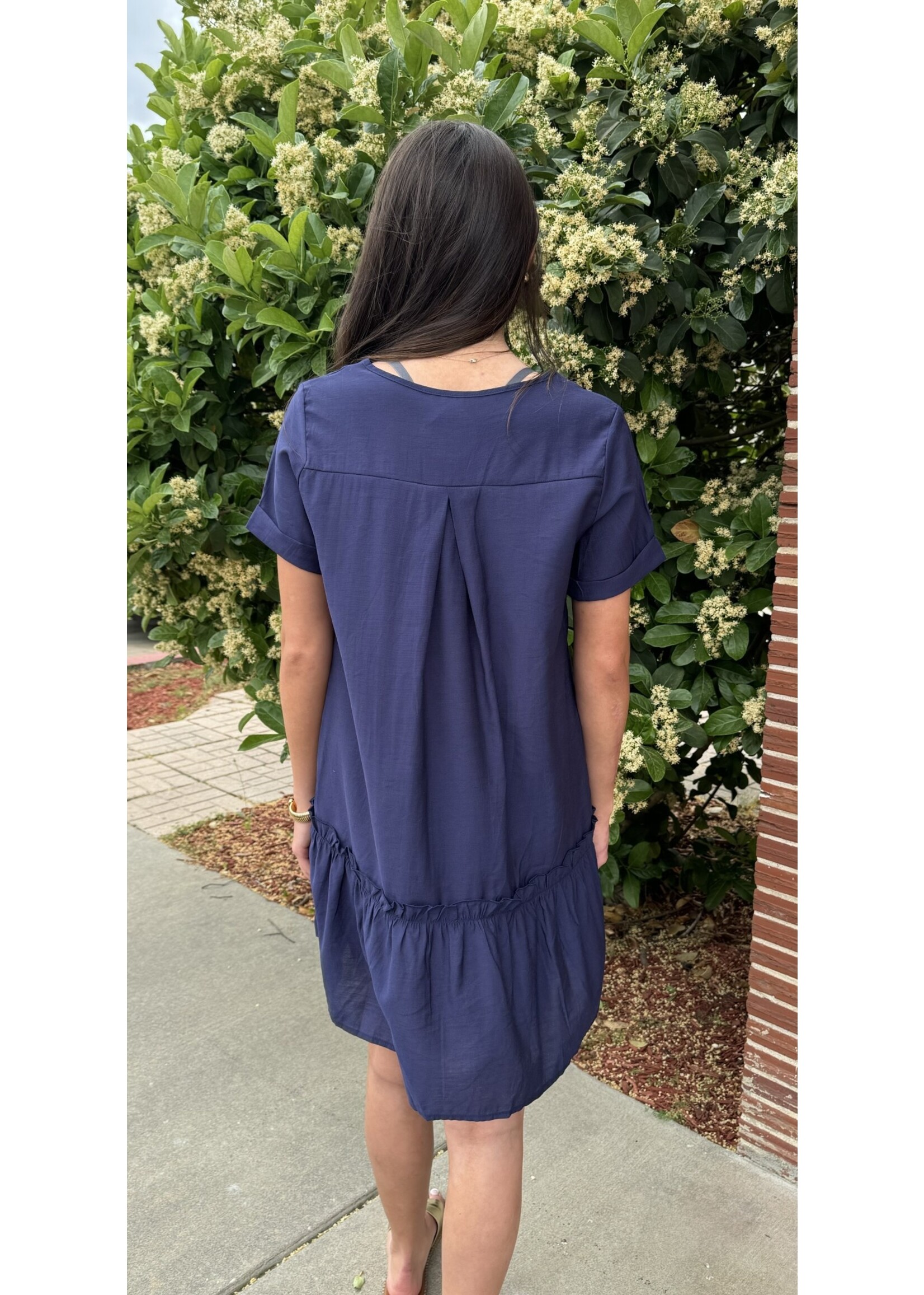 Loose Fit Ruffle Dress w/Button Detail-Navy