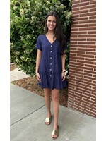Loose Fit Ruffle Dress w/Button Detail-Navy