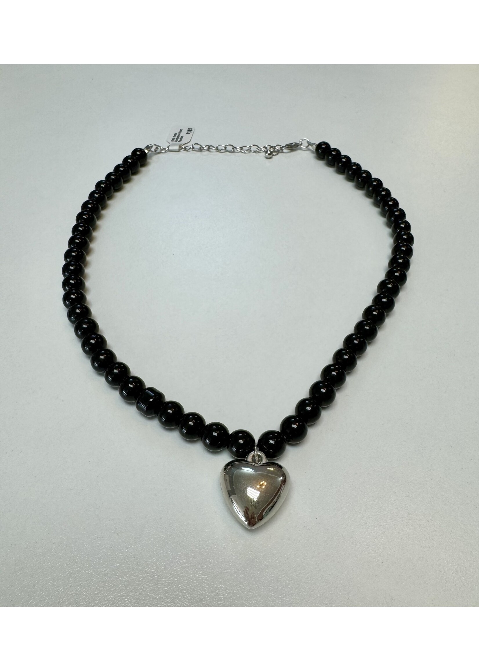Black Beads Necklace w/Heart Pendant