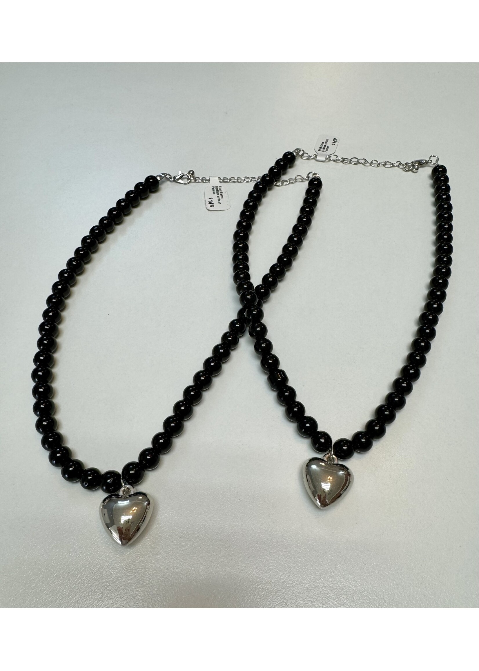 Black Beads Necklace w/Heart Pendant
