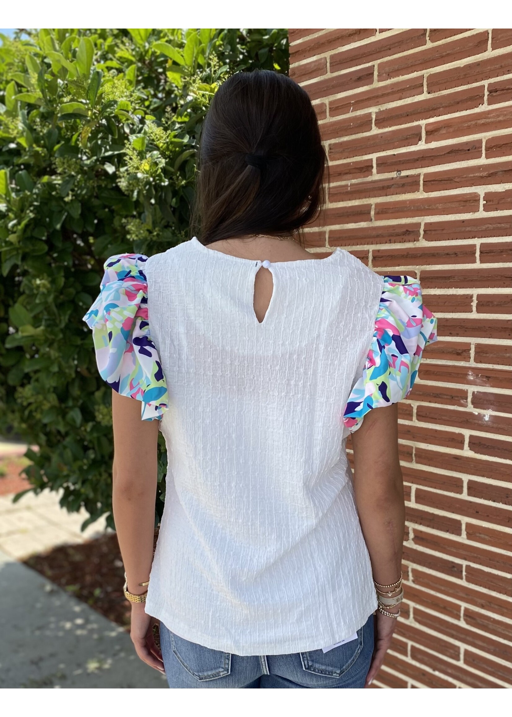 Printed Puff Sleeve Textured Top