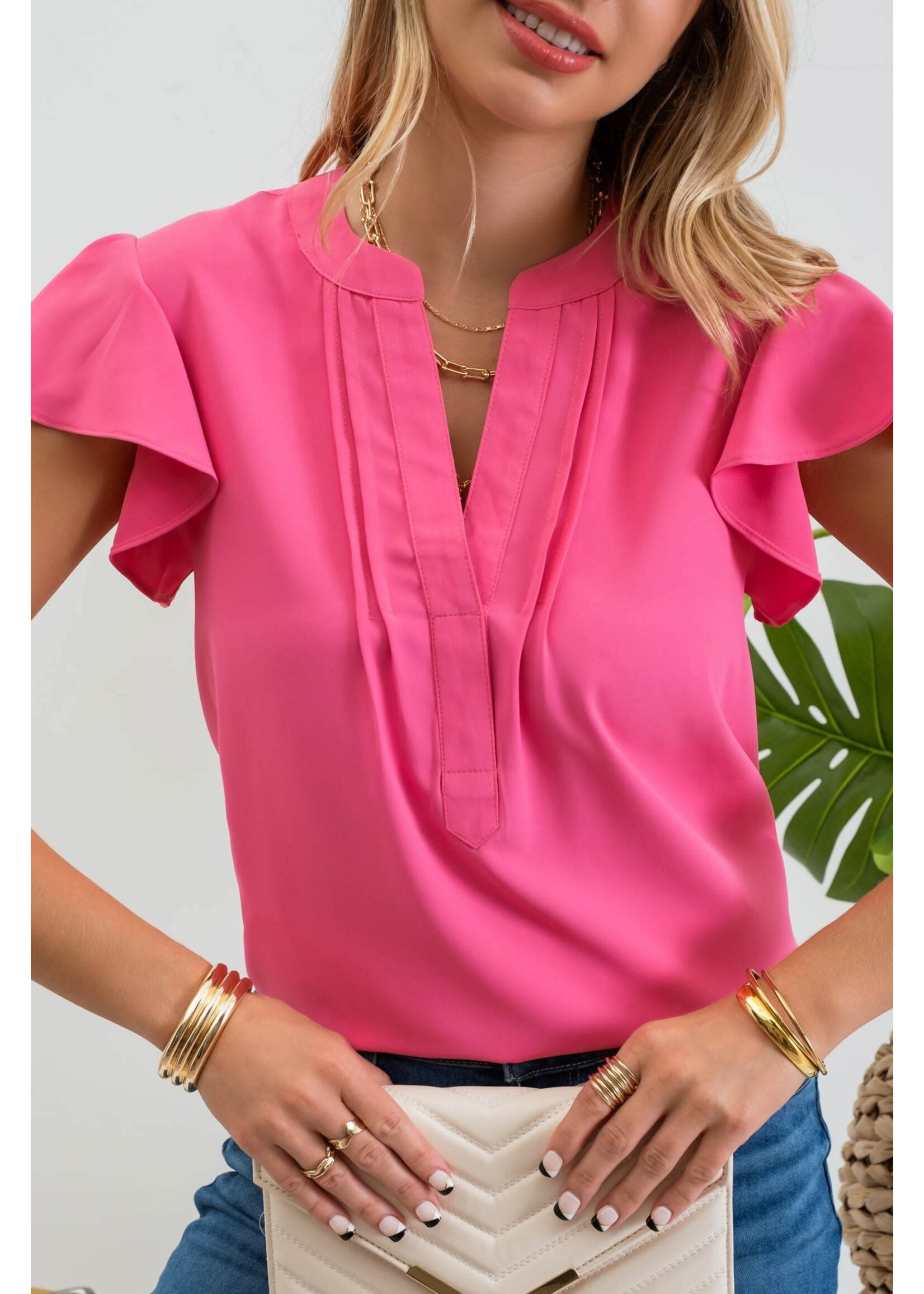 Flutter Sleeve Top w/Front Pleating