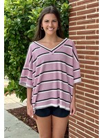 Multi Stripe Waffle Raw-Edged Top-Rose