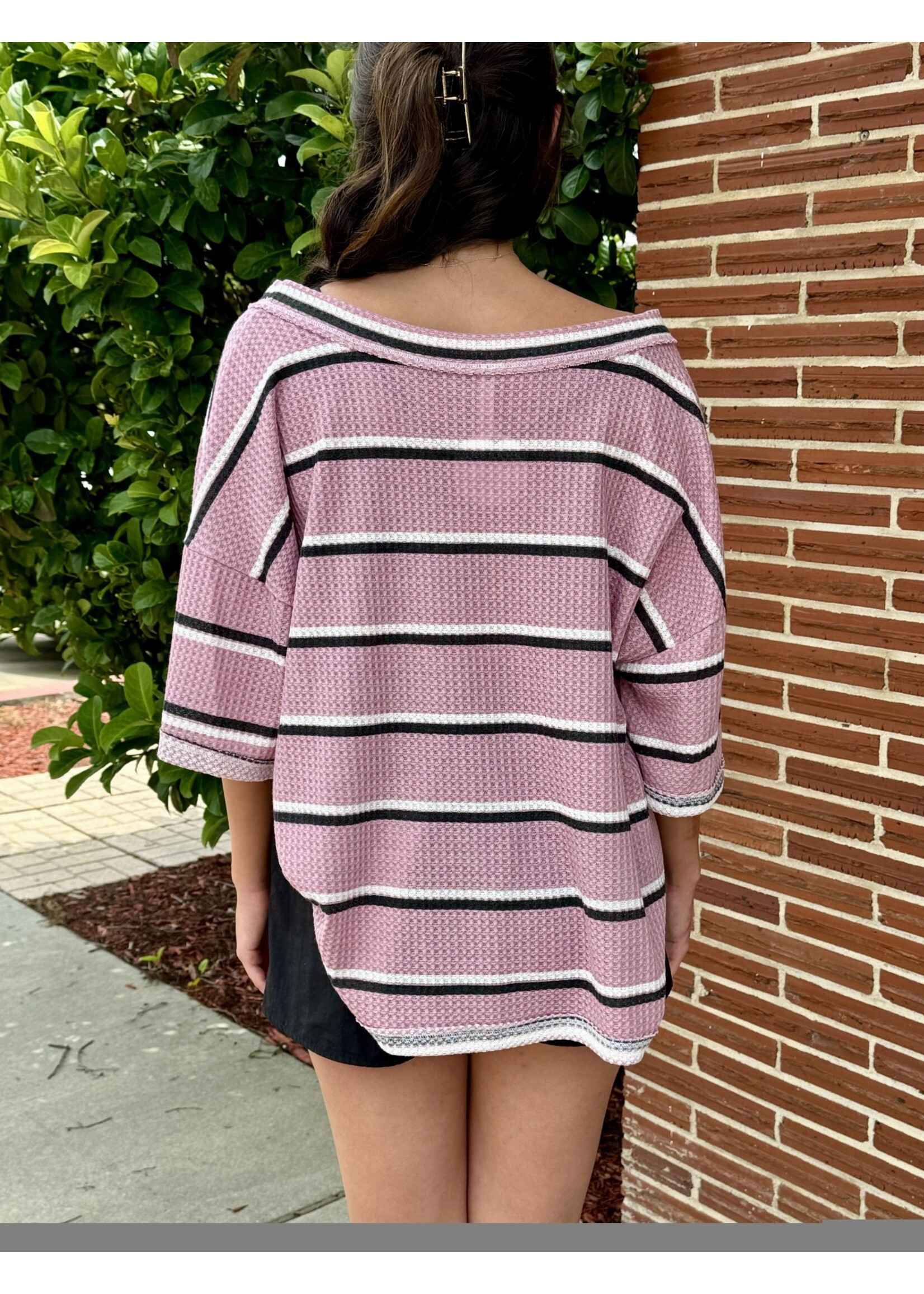 Multi Stripe Waffle Raw-Edged Top-Rose