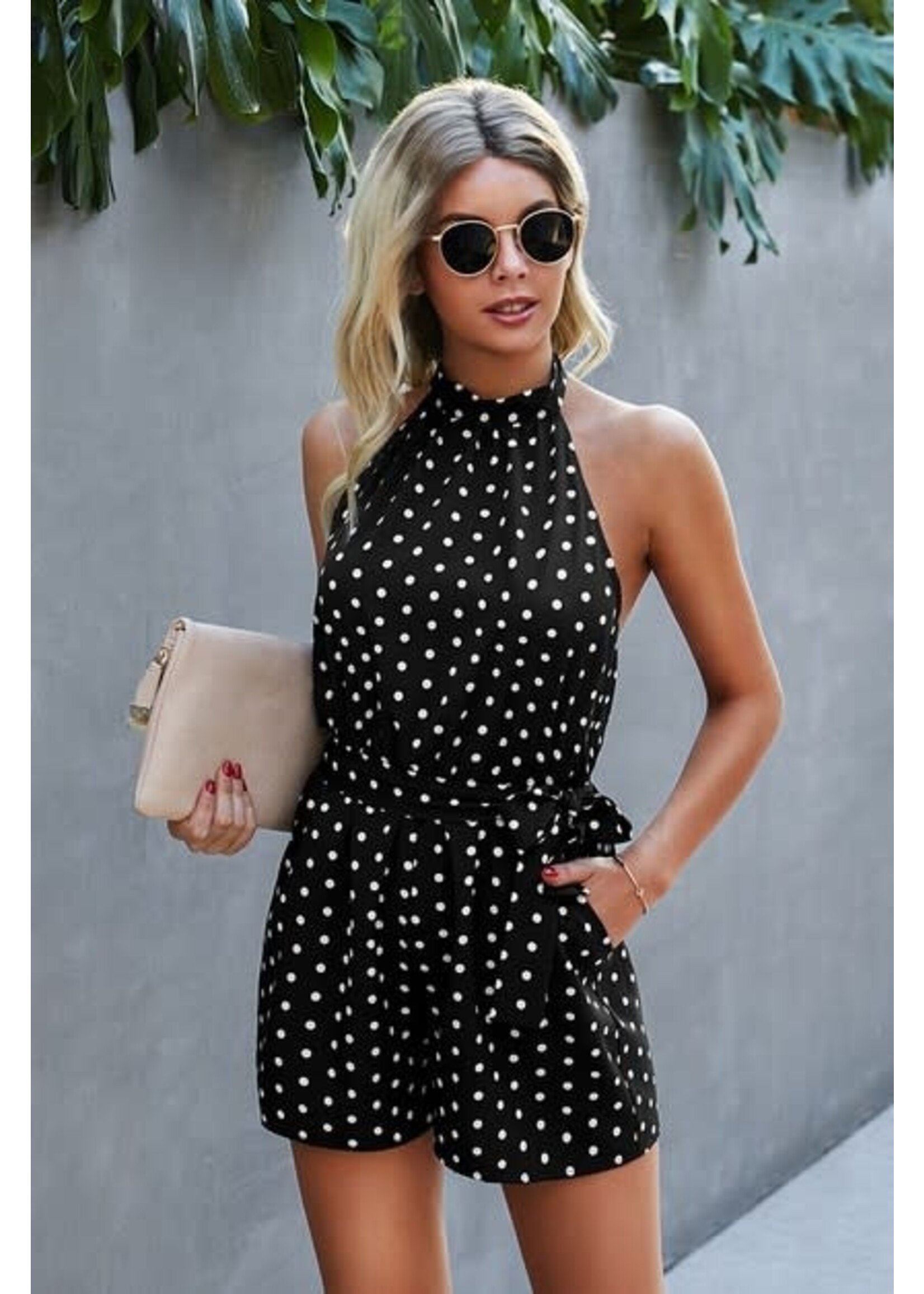 Halter Neck Dotted Romper w/Pockets