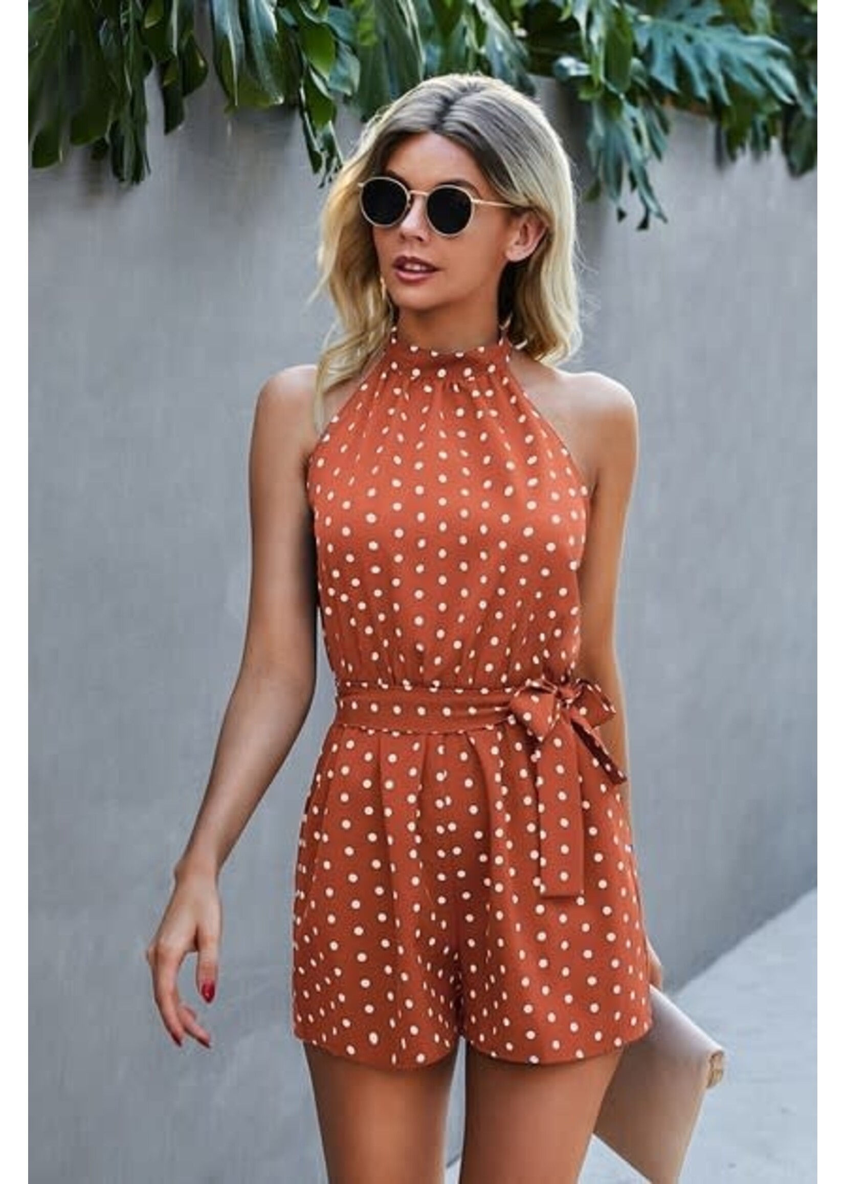 Halter Neck Dotted Romper w/Pockets