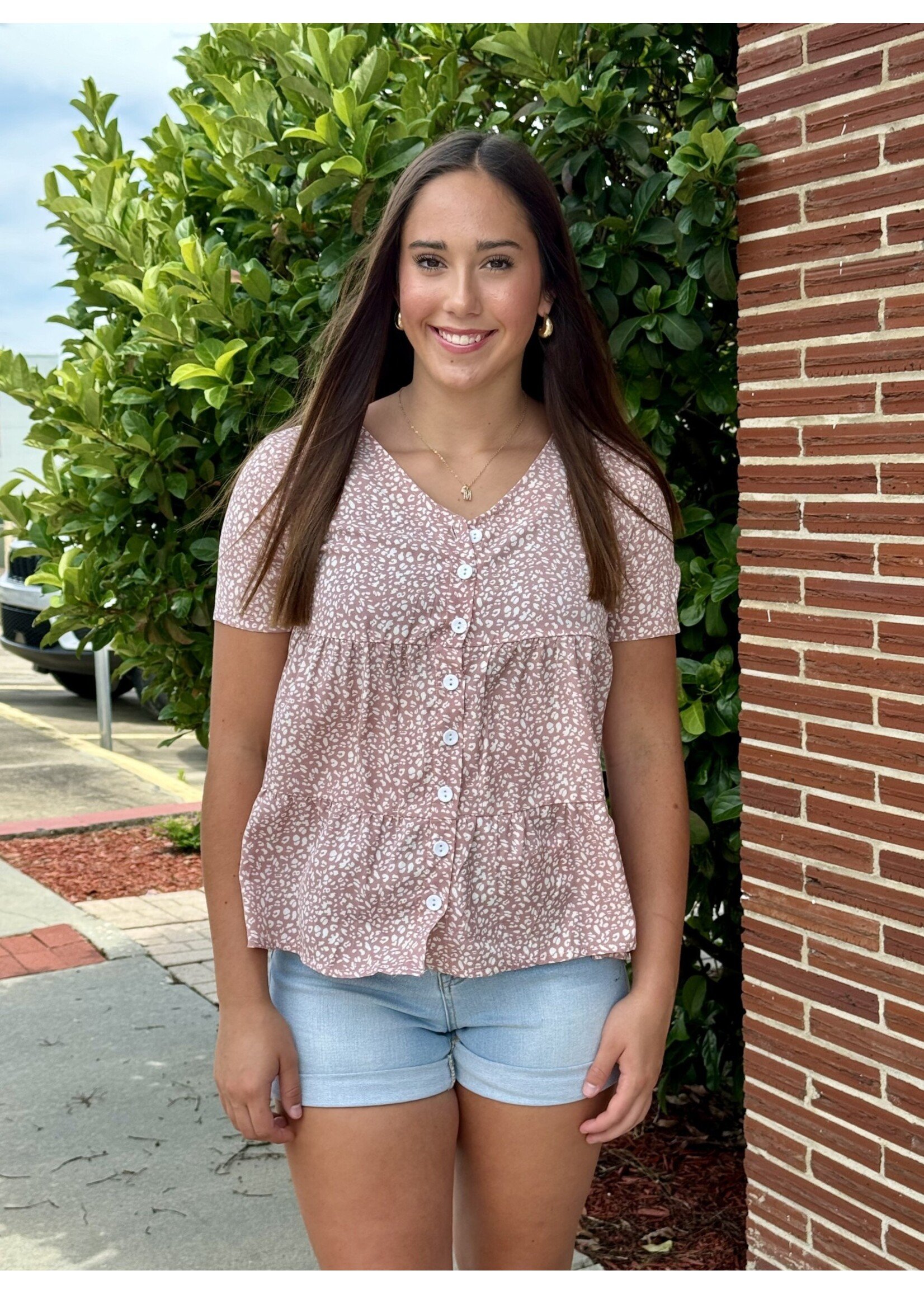 Pink Print Button Up Tiered  Top