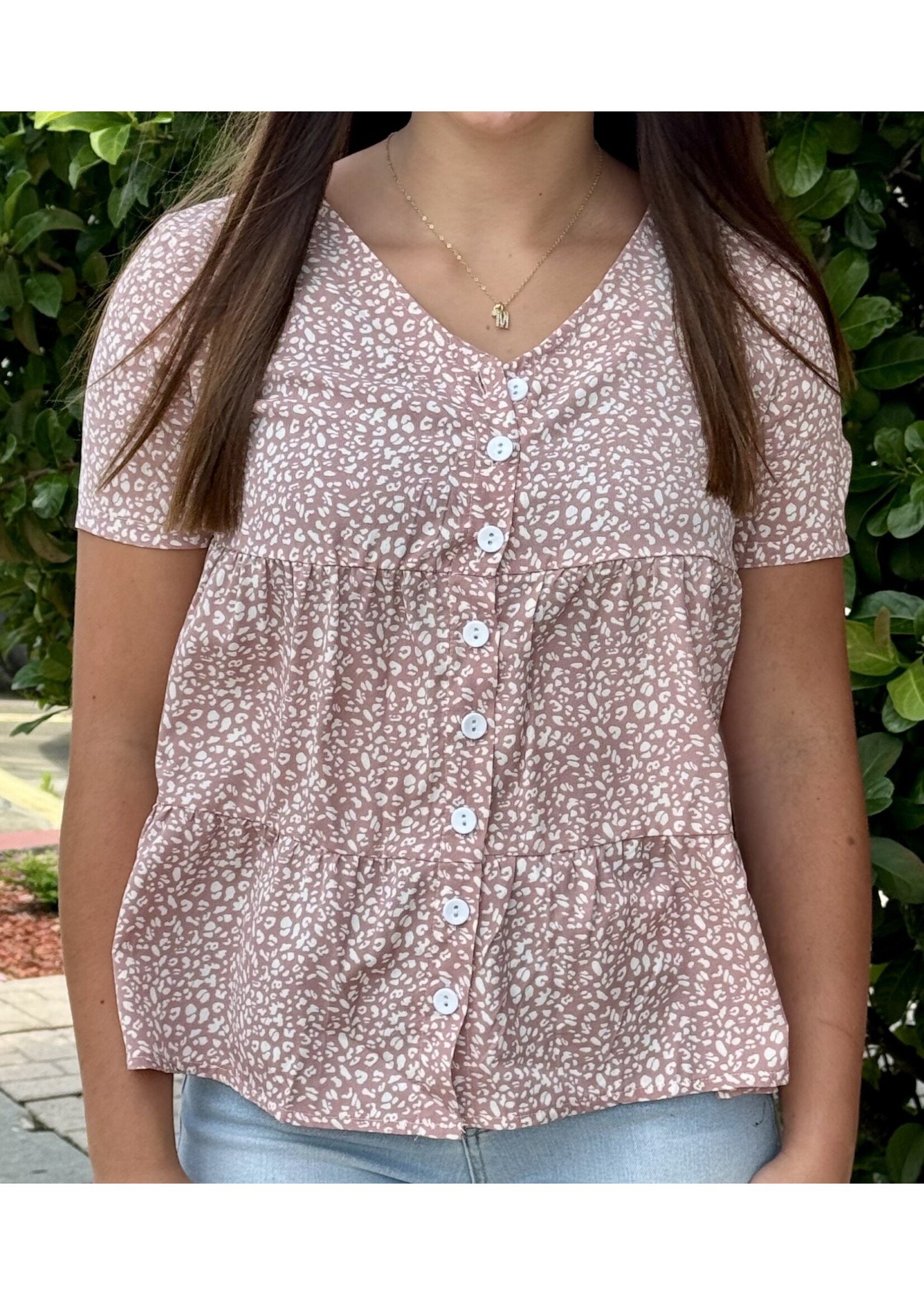 Pink Print Button Up Tiered  Top