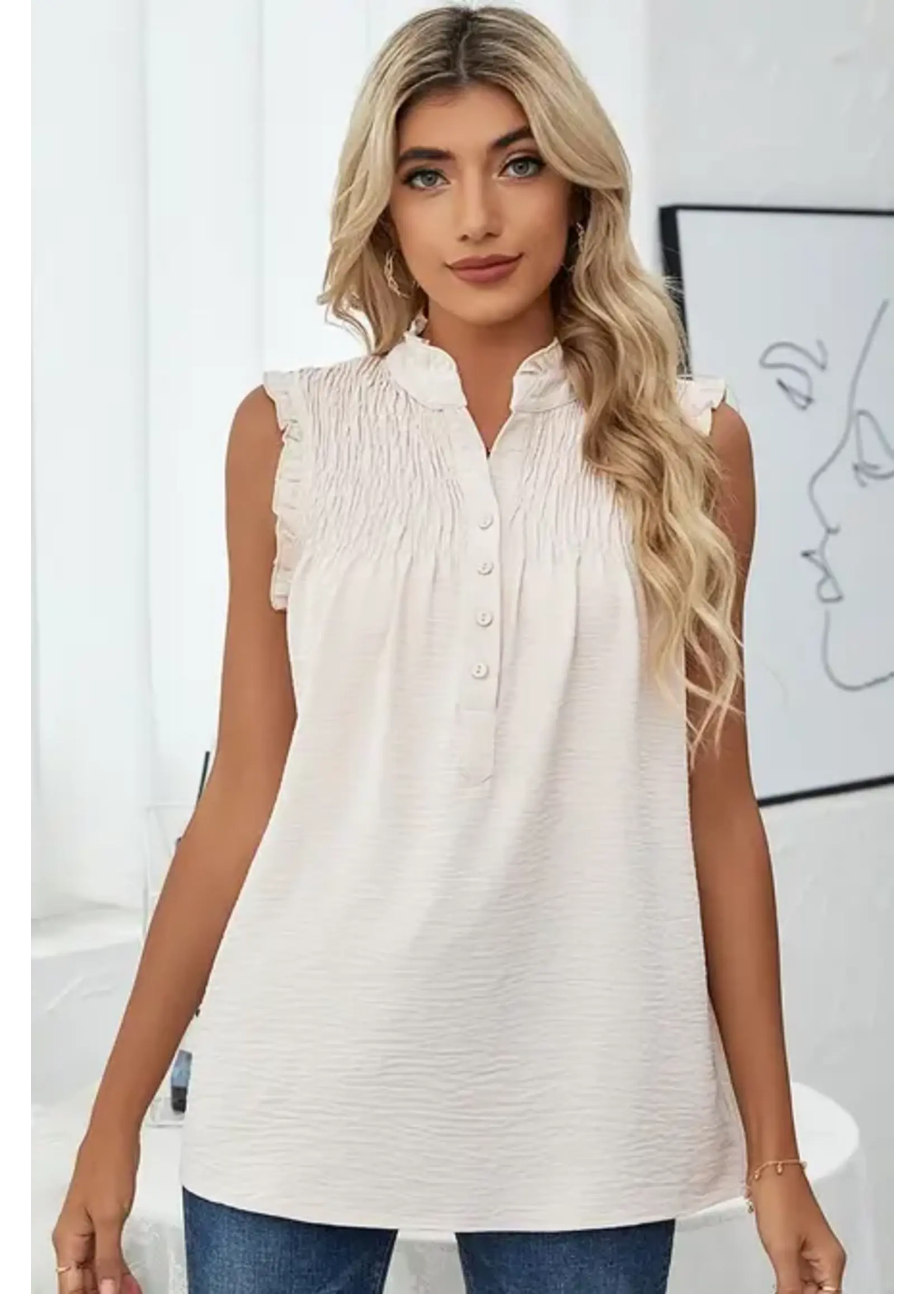 High Neck Button Up Frill Sleeveless Top