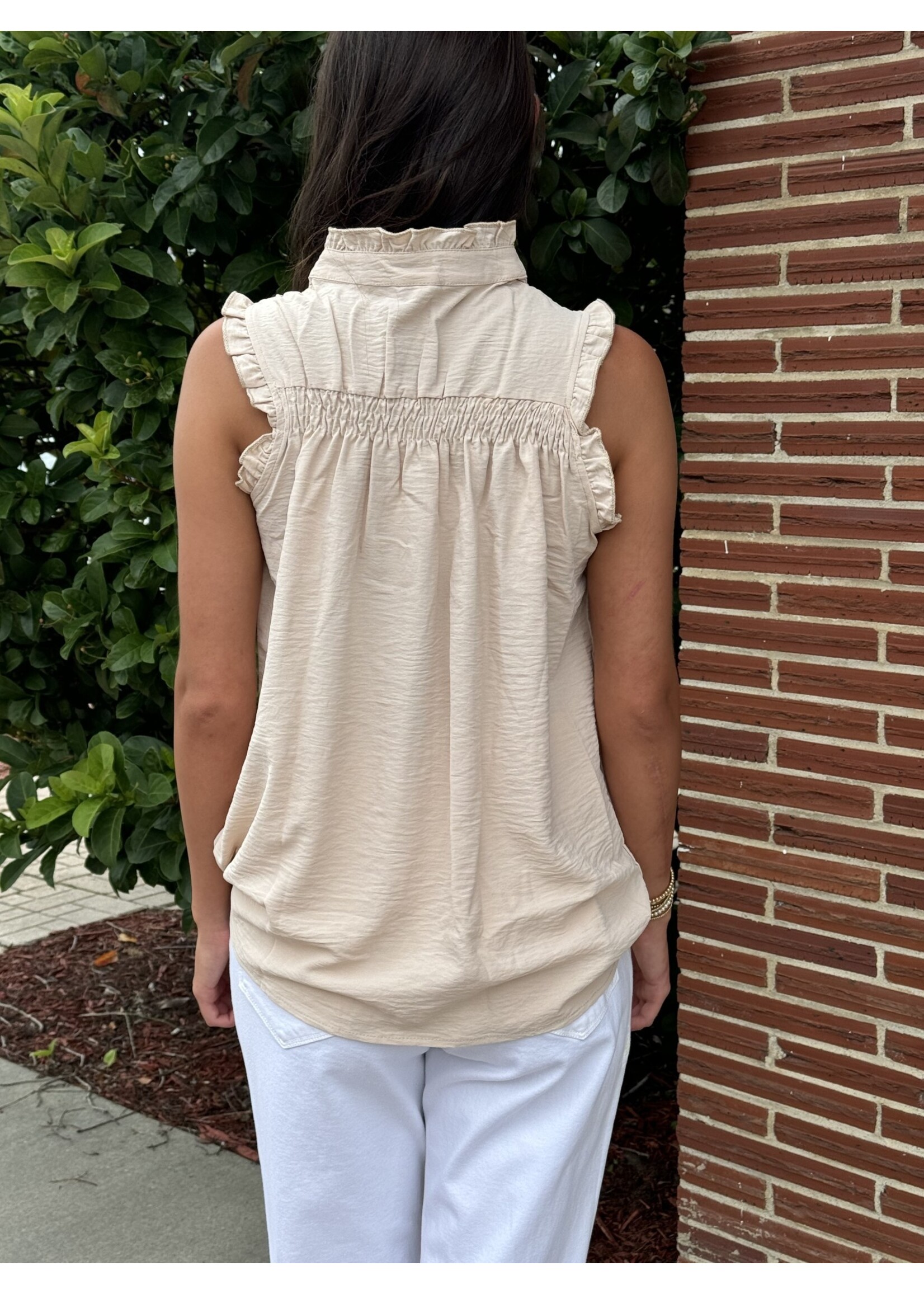 High Neck Button Up Frill Sleeveless Top