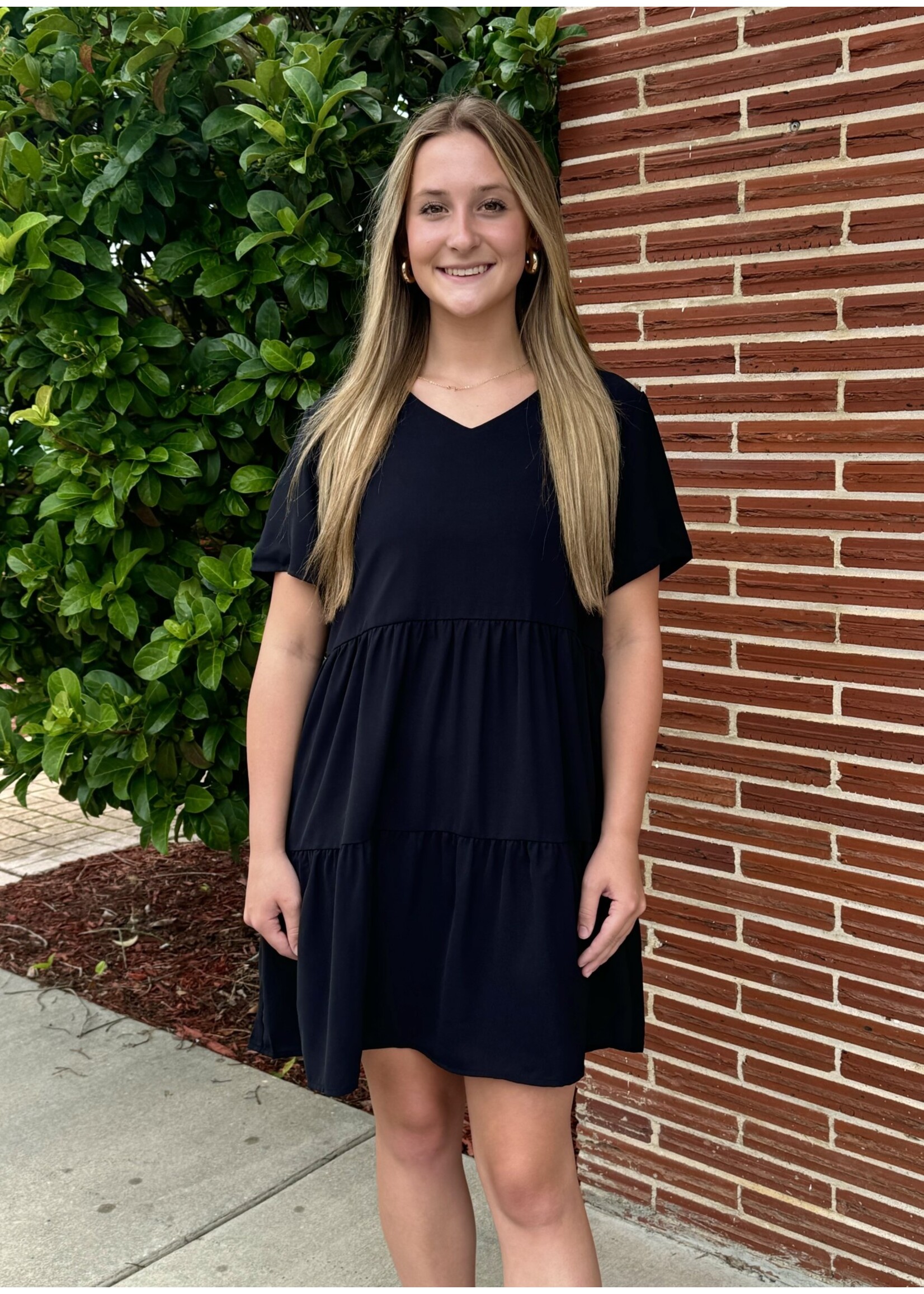 Short Sleeve Tiered Dress - Black