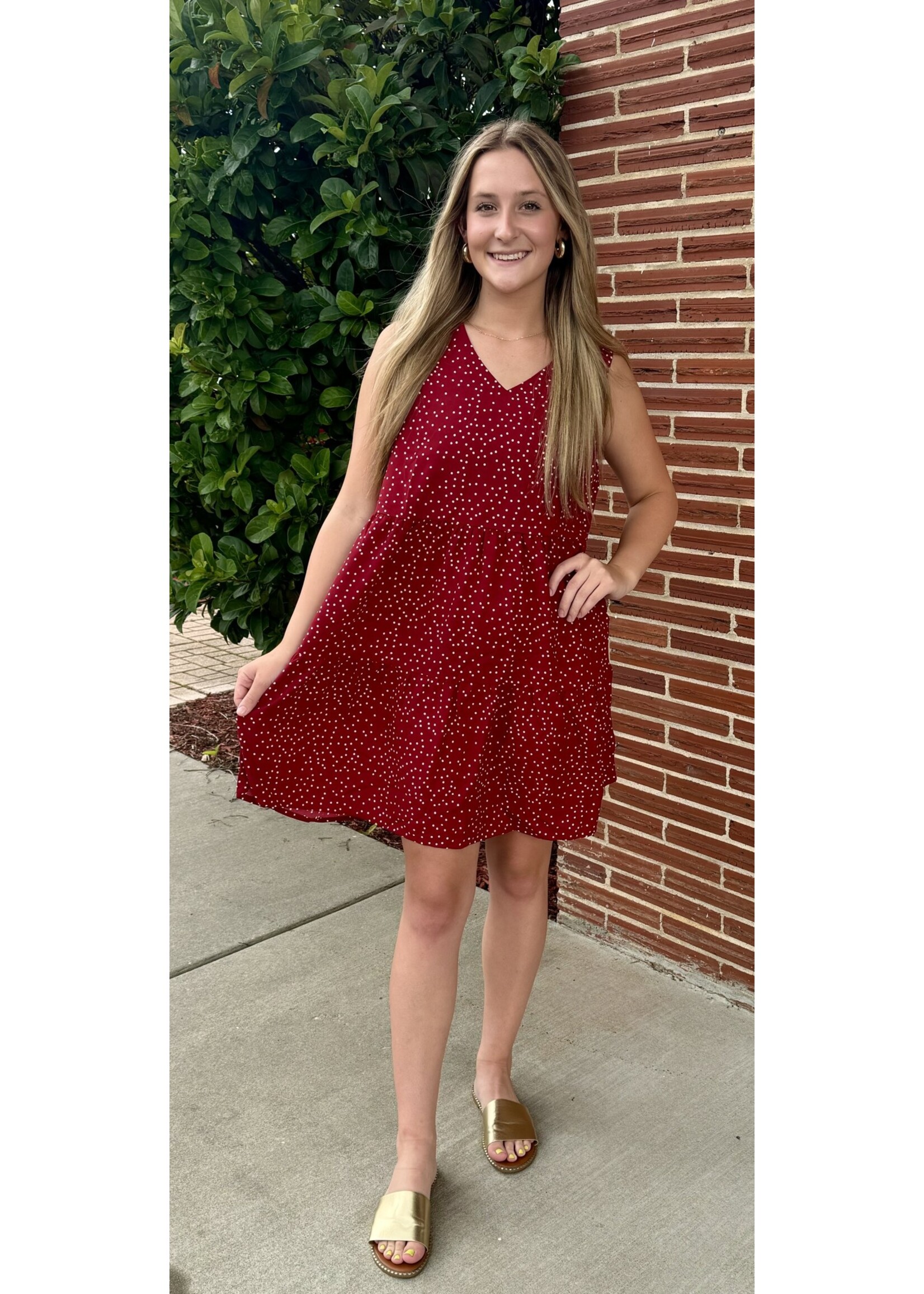 Sleeveless Tiered Dress - Wine Polka Dot