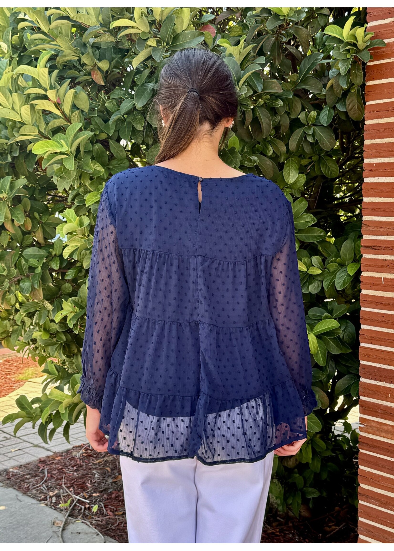 Tiered Swiss Dot Long Sleeve Top - Navy