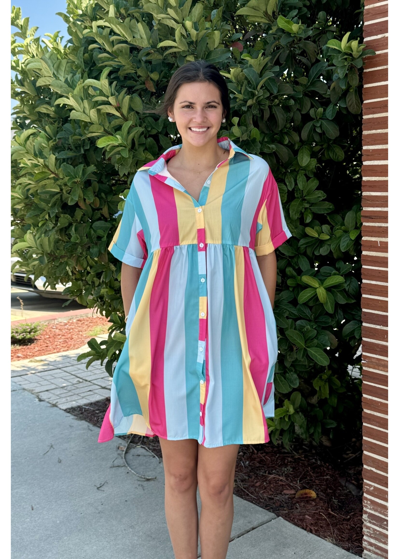 Colorblock Mini Shirt Dress w/Pockets