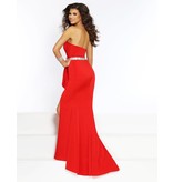 Strapless sweetheart fitted gown with a peplum waist, beaded belt and front slit