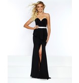 Strapless sweetheart fitted gown with a peplum waist, beaded belt and front slit
