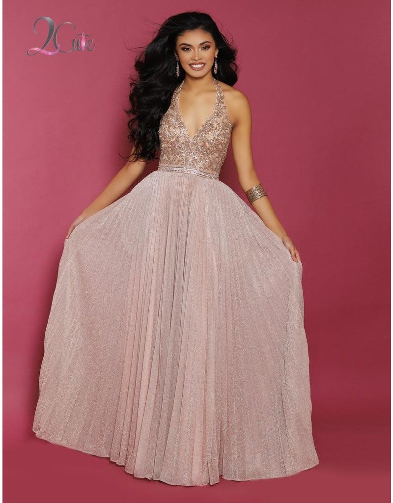 Beaded halter top with a corset back and a pleated sparkle jersey a-line skirt