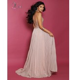 Beaded halter top with a corset back and a pleated sparkle jersey a-line skirt