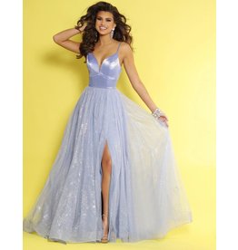 Hologram tulle a-line gown with spaghetti straps and a slit