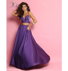 Silky satin 2-piece a-line gown with spaghetti strap v-neck bodice and pockets
