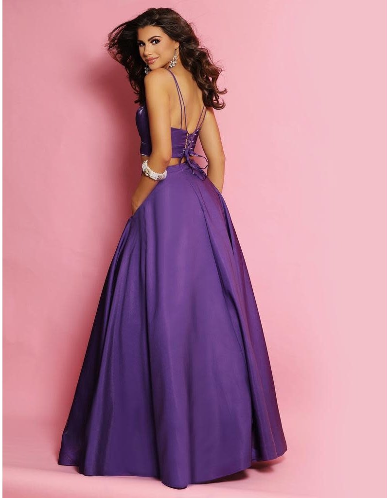 Silky satin 2-piece a-line gown with spaghetti strap v-neck bodice and pockets