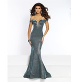 Glitter satin off the shoulder v-neck fitted mermaid gown