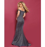 Glitter satin off the shoulder v-neck fitted mermaid gown