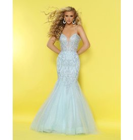 Embroidered tulle mermaid gown with spaghetti straps and a low back