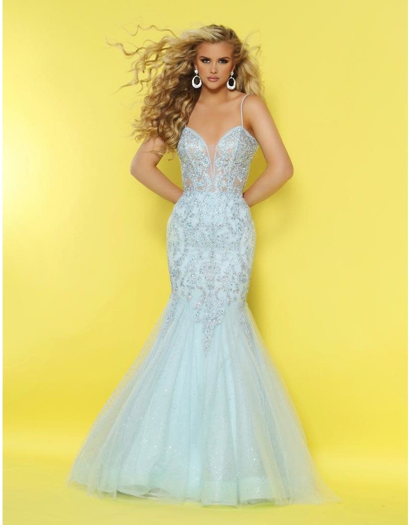 Embroidered tulle mermaid gown with spaghetti straps and a low back