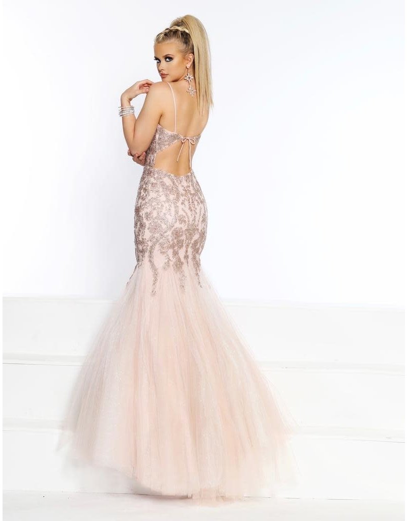 Embroidered tulle mermaid gown with spaghetti straps and a low back
