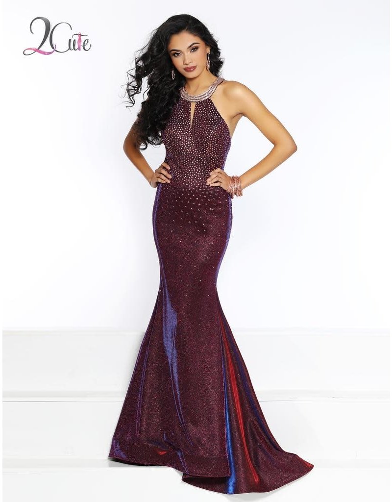 Shimmer satin beaded high neck fitted gown with a strappy back