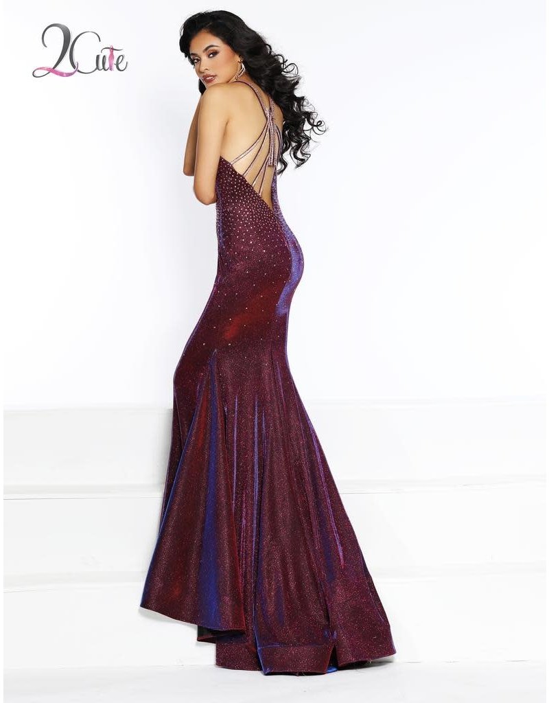 Shimmer satin beaded high neck fitted gown with a strappy back