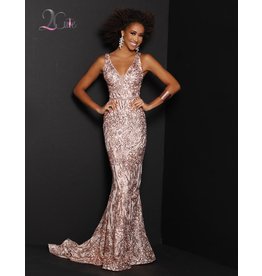 Full sequin fitted tank strap gown with a v-neck and beaded waist