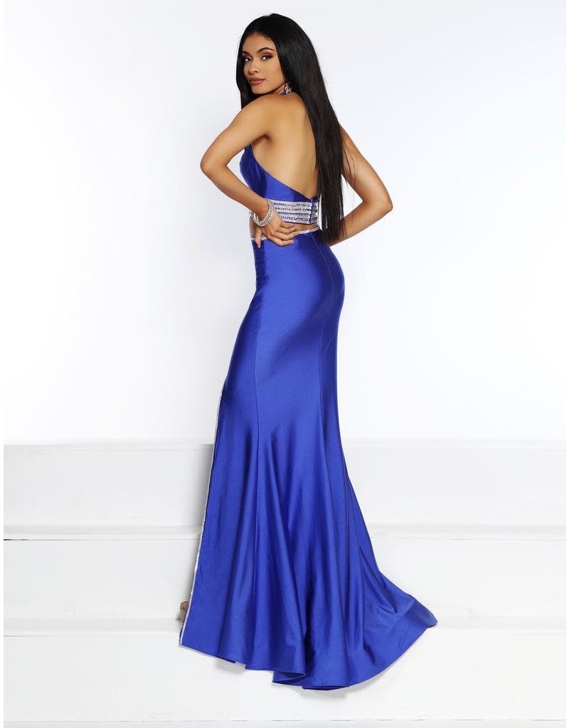 2-Piece halter neck beaded waist fitted skirt with a slit