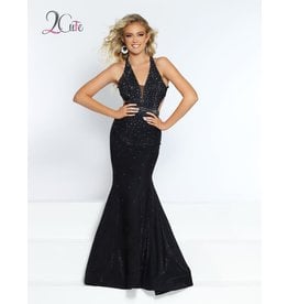 Shimmer beaded stretch net fitted halter dress with a beaded open back