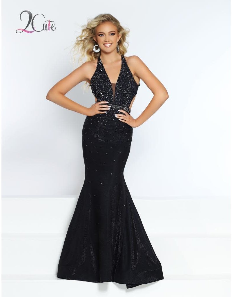 Shimmer beaded stretch net fitted halter dress with a beaded open back