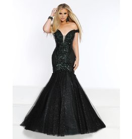 Off the shoulder fully sequined bodice mermaid gown with a glitter tulle skirt
