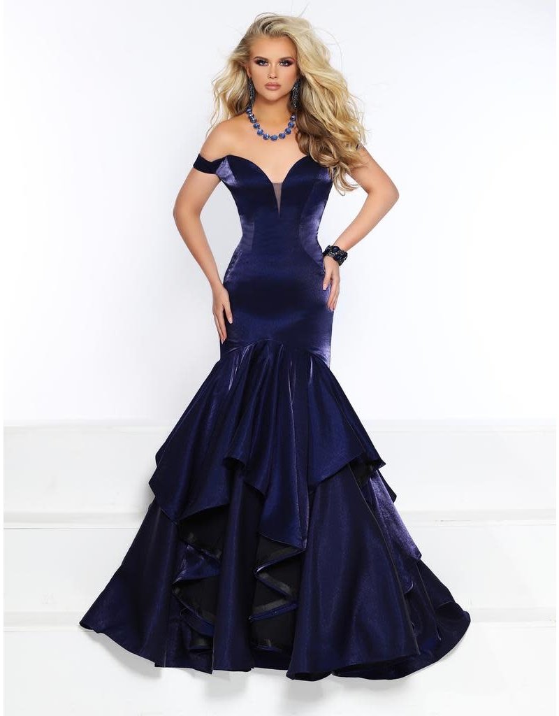 Silky satin off the shoulder ruffle skirt mermaid gown