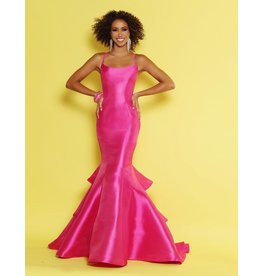 Glitter mikado high neck corset back mermaid gown with a ruffle train