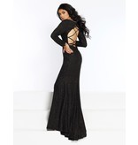 Glitter jersey long sleeve fitted gown with a open corset back and front slit