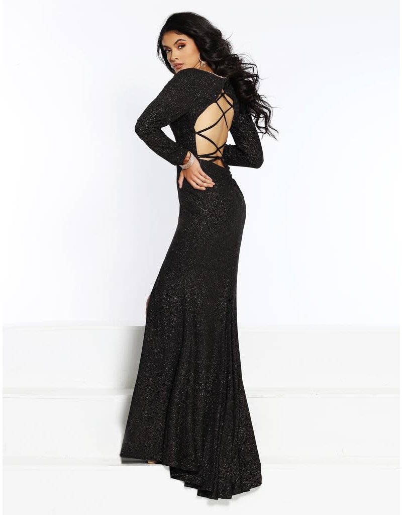 Glitter jersey long sleeve fitted gown with a open corset back and front slit