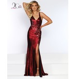 Shimmer stretch jersey fitted gown with tank straps, v-neck and a beaded front